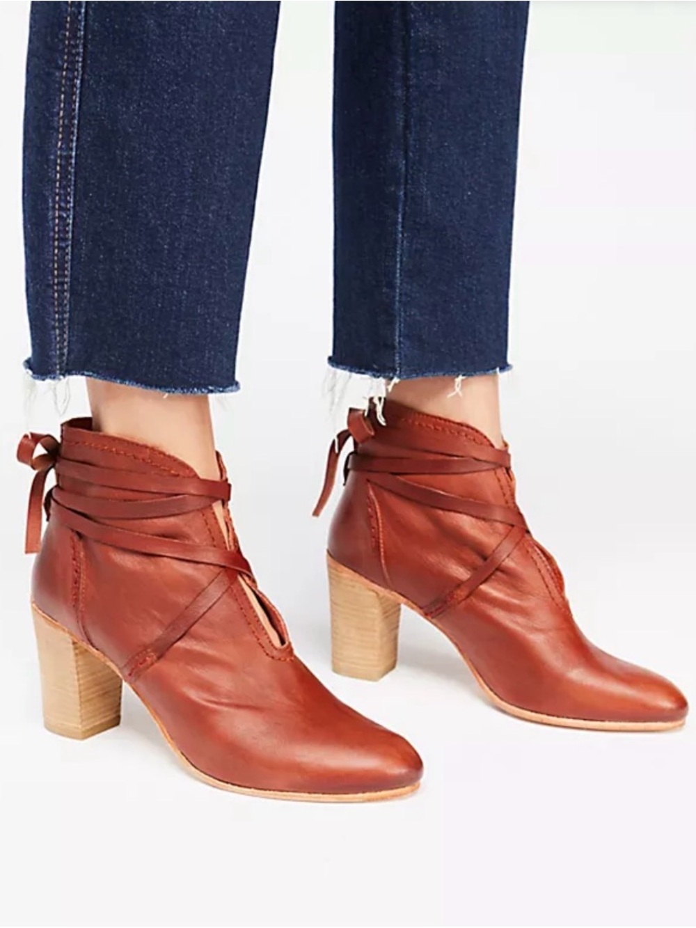 Free People Wrap Around Brown Leather Wrap Strap Ankle Boots with 3”stacked heel